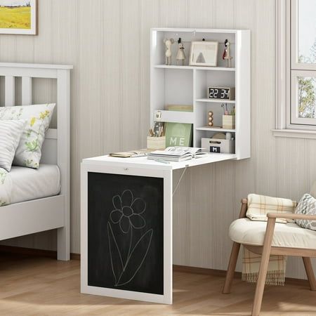 Jaxpety Wall Mounted Space-Saving Desk, Fold Out Computer Laptop Desk with Storage Bookcase & Chalkboard, Convertible Writing Desk for Home Office, White Wall Mounted Folding Table, Home Office White, Fold Out Desk, Desk For Home Office, Space Saving Desk, Storage Bookcase, Small Nightstand, Wall Mounted Table, Dorm Furniture