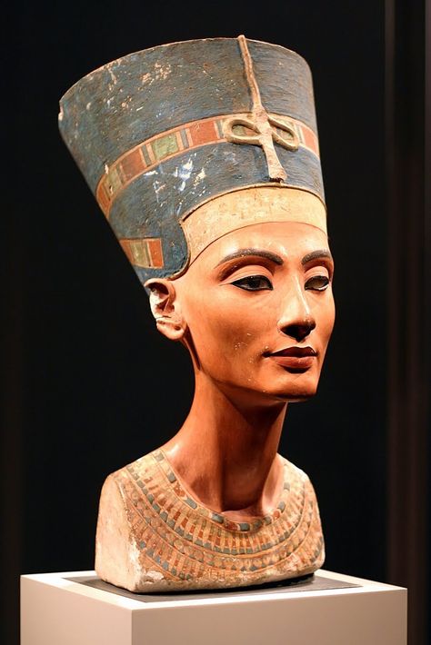 A painted limestone bust of Egyptian Queen Nefertiti, wife of Pharaoh Akhenaten, created over 3,000 years ago; on display in Berlin, Germany Nefertiti Bust, Egypt Queen, Egyptian Queen Nefertiti, Egyptian Civilization, Ancient Egypt History, Afrique Art, Queen Nefertiti, Old Egypt, Egyptian Queen