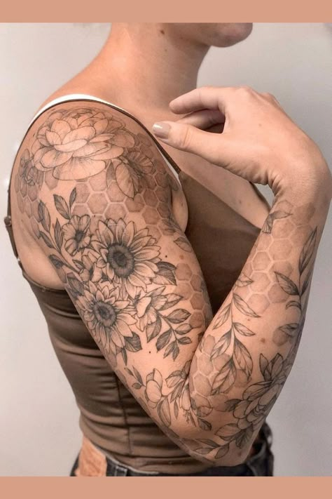 Big Flower Sleeve Tattoo, Farm Theme Tattoo Sleeve, Women’s Tattoo Sleeve Filler, Sleeve Filler Ideas, Tattoo Sleeve Filler Ideas, Body Journal, Sleeve Filler, Unique Half Sleeve Tattoos, Tattoo Sleeve Filler