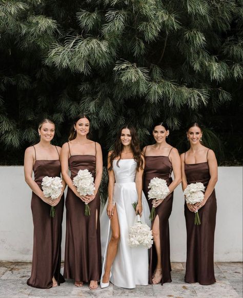 Brown Dresses Bridesmaid, Bridesmaid Dresses Mocha, Espresso Bridesmaid Dress, November Bridesmaid Dresses Color Schemes, Brown Shades Bridesmaid Dresses, Brown Groomsmen Suits With Bridesmaids, Dark Chocolate Bridesmaid Dresses, Bridesmaids Brown Dresses, Brown And Black Wedding Colors