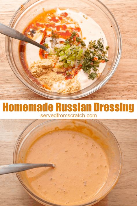 Make your own Homemade Russian Dressing with homemade mayonnaise for this classic dressing made from scratch! #russiandressing #recipe #easy Best Russian Dressing Recipe, Homemade Russian Dressing Recipe, Russian Dressing Recipe Reuben Sandwich, Russian Sauce, Russian Dressing Recipe, Guinness Corned Beef, Russian Salad Dressing, Dressing From Scratch, Homemade Russian Dressing