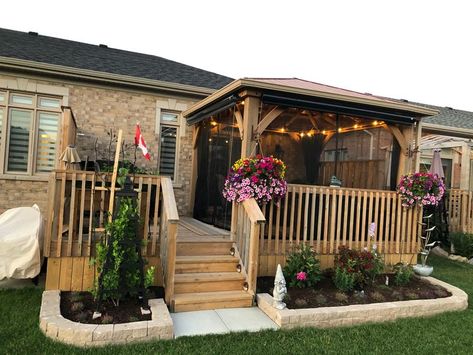 Our deck has southern exposure ☀️ and that makes this gazebo a beautiful addition - Yardistry Structures - Gazebos, Pavilions and Pergolas Built In Gazebo On Deck, Gazebo For Deck, Costco Patio Gazebo, Small Backyard Decks, Patio Screen, Porch Gazebo, Gazebo On Deck, Patio Deck Designs, Mobile Home Porch