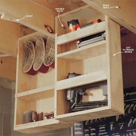 ceiling-joist-shelving-under-home-hidden-storage Overhead Storage Rack, Lumber Storage, Ceiling Storage, Attic Storage, Attic Renovation, Attic Remodel, Small Workshop, Shop Storage, Shop Organization