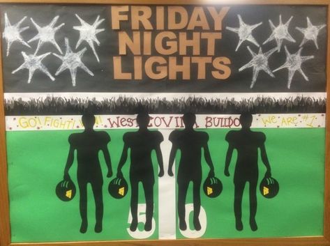 Friday night lights Homecoming Door Ideas Football, Football Window Display, Homecoming Bulletin Board, Homecoming Door Ideas, Friday Night Lights Theme, Football Locker Room Decorations, Football Bulletin Boards, Football Friday Night, Spirit Posters