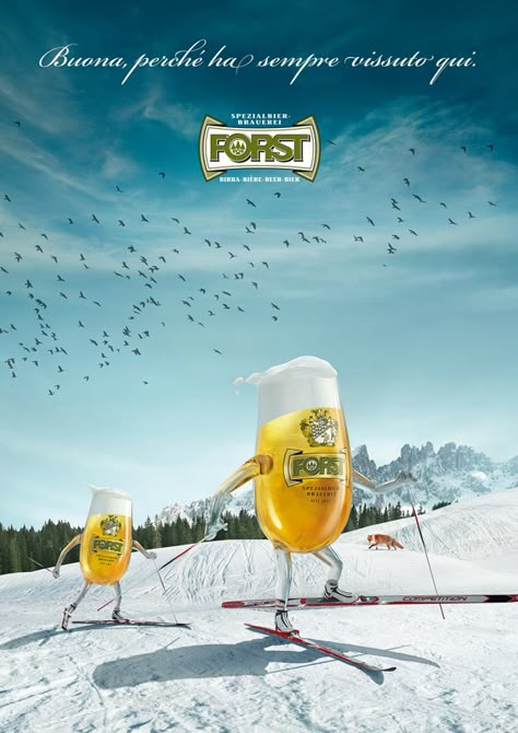 FORST beer • press campaign (ski) by filippo rieder, via Behance Cold Drink Advertisement, Beer Advertising Design, Beer Campaign, Beer Ads Creative Advertising, Beer Creative, Craft Beer Advertising, Print Campaign, Beer Ads, Creative Advertising Photography