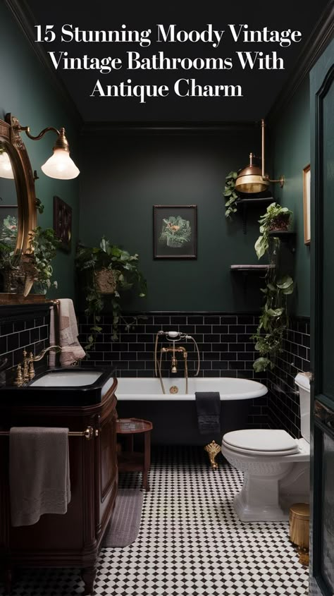 Explore 21 moody vintage bathroom ideas that combine timeless elegance with a dark, atmospheric charm. From classic clawfoot tubs to antique brass fixtures, transform your bathroom into a relaxing, sophisticated retreat inspired by vintage design. Learn how to incorporate dark hues, unique tilework, and curated accessories for the perfect moody touch. Nice Bathroom Colors, Romantic Ensuite Bathroom, Bathroom Decor Dark Green, Olive And Black Bathroom, New Orleans Style Decor Interior Design, Small Dark Shower Room, Viridian Bathroom, Dark Green Ceiling Bathroom, Moody House Colors