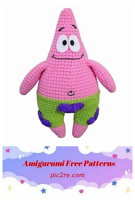 Crochet Patrick Star Amigurumi Free Pattern - Amigurumi Patterns Crochet Patrick Star, Doll Amigurumi Free Pattern, Stitch Character, Crochet Lovey, Crochet Stitches For Blankets, Giraffe Pattern, Crocheting Ideas, Patrick Star, Crochet Things