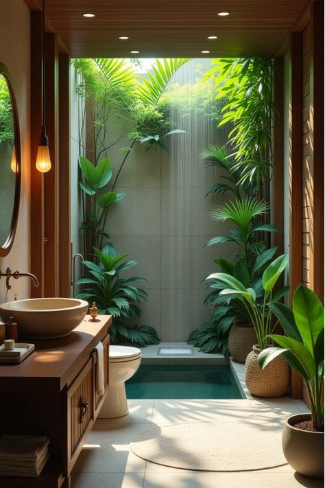 Luxurious tropical bathroom featuring natural materials and greenery Jacuzzi Bathroom Luxury, Villa Bathroom Ideas, Modern Tropical Bathroom, Tropical Bathroom Design, Tropical Bathrooms, Tropical Bathroom Ideas, Hawaii Bathroom, Luxury Bathroom Remodel, Outdoor Canopy Bed