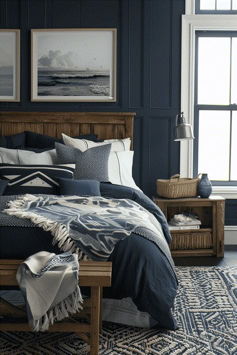 moody coastal bedroom Moody Bedrooms, Costal Bedroom, Navy Bedroom, Dark Blue Bedrooms, Blue Bedrooms, Farmhouse Bedroom Ideas, Bedroom Redo, Dark And Moody, Bedrooms Decor