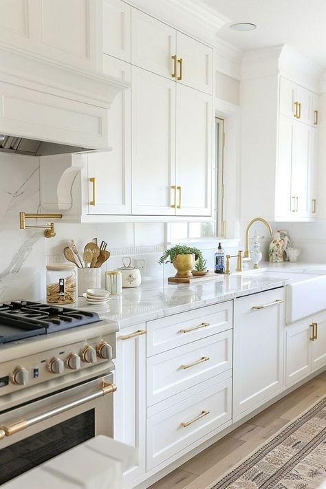 Gold Hardware Kitchen Cabinets, White Marble Floors Kitchen, White Kitchen Cabinets With Gold Hardware, Ikea Kitchen Ideas 2024, White Kitchens With Gold Hardware, Redone Kitchen Cabinets, White And Gold House Interior, Kitchen Design White And Gold, White Gold Kitchen Ideas