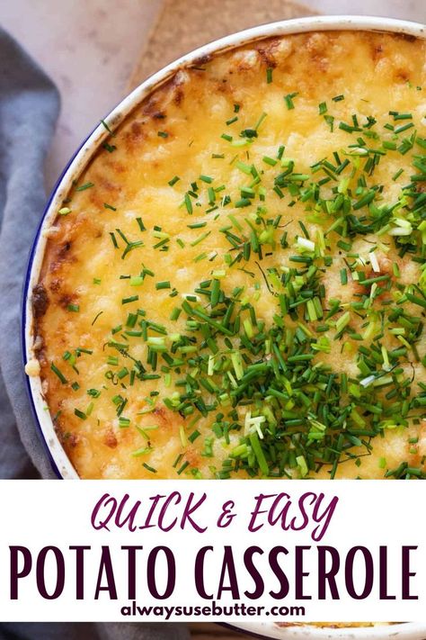 Quick and Easy Potato Casserole Pinterest Image What To Do With Boiled Potatoes, Leftover Boiled Potatoes Recipes, Boiled Potato Recipes, Leftover Boiled Potatoes, Golden Potato Recipes, Boiled Potatoes Recipe, Easy Potato Casserole, Over Roasted Potatoes, Kids Dinners