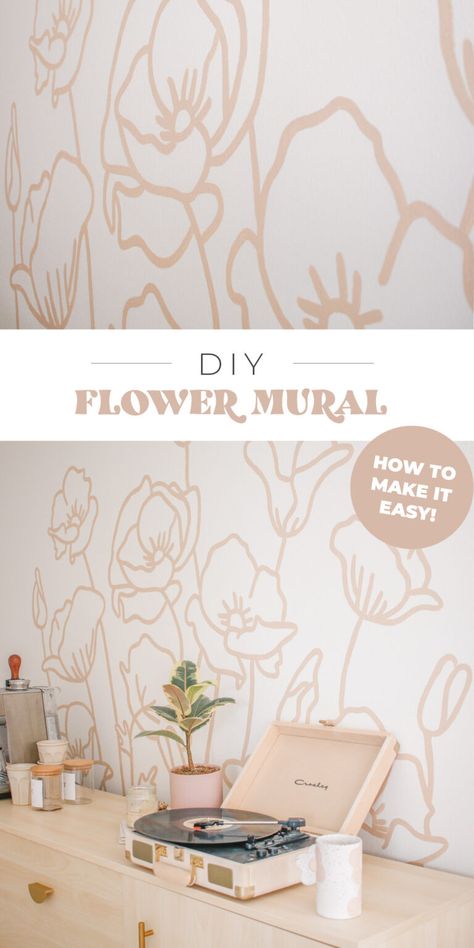 Painted Flower Wall Nursery, Room Decor Flower Wall, Flower Wall Stencil Bedrooms, Craft Room Wall Mural, Diy Easy Wall Mural, Diy Flower Accent Wall, Flower Wall Girls Bedroom, Painted Flowers On Wall Easy, Simple Floral Wall Mural