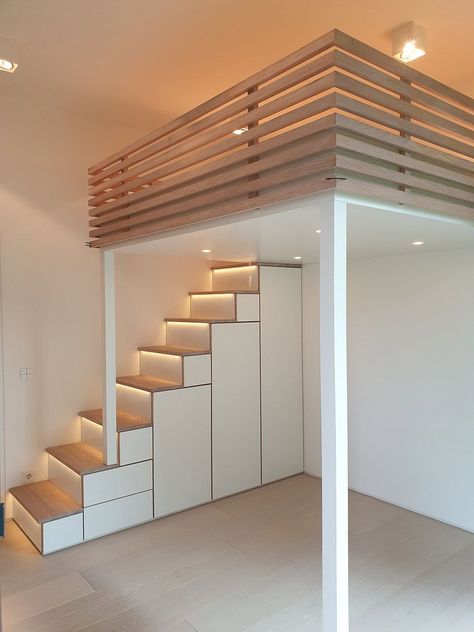 Mezzanine Stairs Space Saving, Loft Bed Safety Rail, Lofted Twin Bed Diy, Loft Bed Ideas With Stairs, Studio Apartment Loft Bed, Bed Loft Ideas, Two Loft Beds In One Room, Bunkbeds Design Small Room, Loft Bed Ideas For Kids