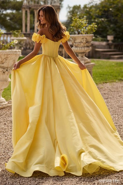 Buy dress style № 57200 designed by SherriHill Spring Birthday Photoshoot, Ruffle Corset, Corset Prom Dress, Yellow Evening Dresses, Allure Couture, Painting Fashion, Sherri Hill Prom, Strapless Prom Dress, Spring Birthday