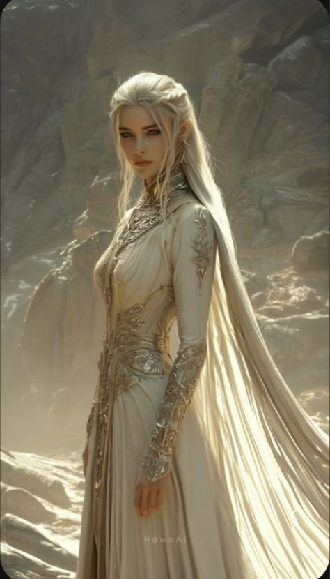 Elven Dress Drawing, White Dress Fantasy Art, Fantasy Dresses Aesthetic, Goddess Character Art, Four Elements Aesthetic, Fantasy White Dress, Fantasy Dress Goddesses, Fantasy Fashion Aesthetic, Dress Fantasy Art