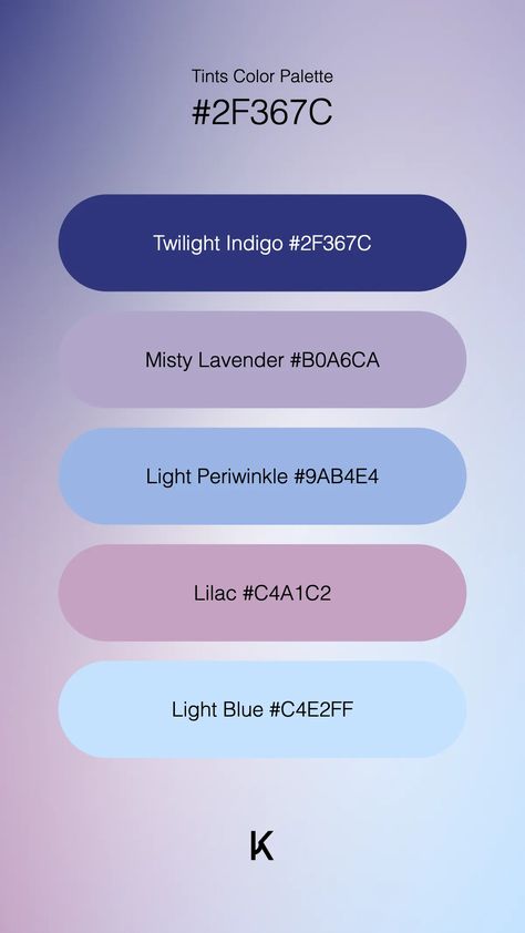 Tints Color Palette Twilight Indigo #2F367C · Misty Lavender #B0A6CA · Light Periwinkle #9AB4E4 · Lilac #C4A1C2 · Light Blue #C4E2FF Periwinkle Color Palette, Color Thesaurus, Lavender Color Palette, Light Periwinkle, Create Color Palette, Hex Color Palette, Romantic Dream, Periwinkle Color, Color Meanings