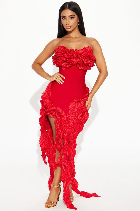 Leila Bandage Mini Dress - Red | Fashion Nova Red Birthday Outfit Black Women, Ruffle Birthday Dress, Red Birthday Dress, Red Dress Birthday Outfit, Birthday Dress 21st, Red Rose Dress, Red Ruffle Dress, Strapless Ruffle Dress, Birthday Outfit For Women