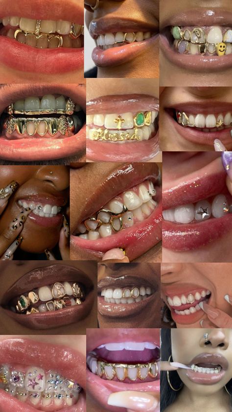 Y2k Grills, Gold Teeth Jewelry, Custom Grillz For Women, Tooth Gem Ideas Baddie, Bottom Teeth Grills, Grill Ideas Teeth, Bottom Grillz For Women, Cute Grills, Gap Tooth Grill