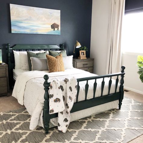 Navy Toddler Boy Room, Navy Blue Bed Toddler Room, Boys Green Bedroom Ideas, Toddler Boy Room Black Metal Bed, Toddler Big Boy Room Forest, Accent Wall Green, Dark Bedroom Decor, Toddler Big Boy Room Pottery Barn Kids, Big Boy Bed With Rails