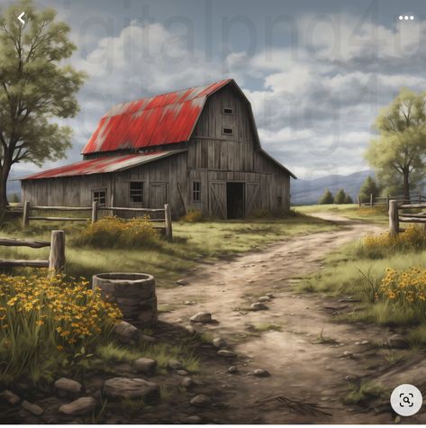 Old Barns Rustic Paintings, Barn Pictures Ideas, Old Barn Paintings, Farm Scene Painting, Rustic Painting, Farm Scenes, Barn Pictures, Farm Paintings, Country Barns