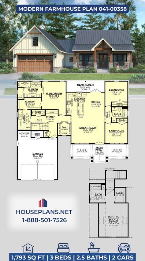 This 3 bedroom, 2 bathroom Modern Farmhouse house plan features 1,793 sq ft of living space. Craftsman 3 Bedroom House Plans, Farmhouse Design Plan, 3 Bed 2 Bath Ranch Floor Plans, 3 Bedroom 3 Bath House Plans One Story, 1 Story 3 Bedroom Floor Plans, 3 Bedroom Modern Farmhouse Plans, 1 5 Story House Plans Modern Farmhouse, 3bedroom House Plans Modern Single Floor, Floor Plans 3 Bedroom 2 Bath