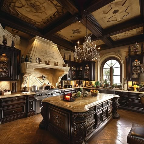 Kitchen In Mansion, Tuscan Luxury Homes, Large Victorian Kitchen, Dark Academia Interior Design Kitchen, Old Mansions Interior Kitchen, Vintage House Kitchen, Victorian Mansion Kitchen, House Inspo Kitchen, Estate Home Interior