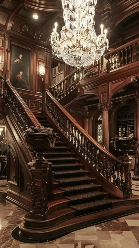 Castle Grand Staircase, England Castle Interior, Victorian Entryway Ideas, Victorian Homes Staircase, 1600s Interior, Country Manor Interior, Victorian Villa Interiors, Grand Victorian Entrance Hall, Gothic Victorian Room Aesthetic