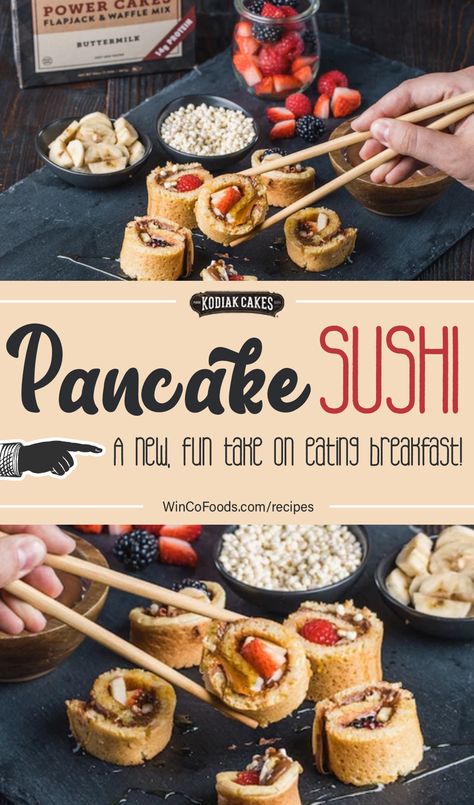 Sushi Pancakes, No Fish Sushi, Pancake Sushi, Breakfast Sushi, Fruit Sushi, Honey Drizzle, Healthy And Unhealthy Food, Breakfast Board, Puffed Rice