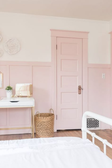 Our Favorite Pink Paint Colors & How to Use Them - The Phinery Pink Panel Wall Nursery, Pastel Home Ideas, Traditional Glam Bedroom, Pink Board And Batten, White And Pink Nursery, Dusty Pink Bedroom, Pink Bedroom Walls, Girls Bedroom Makeover, Pink Board