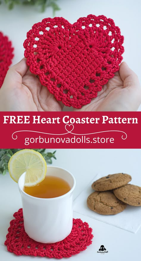 Crochet Heart Coaster Heart Coaster Pattern, Crochet Heart Coaster, Free Heart Crochet Pattern, Custard Pies, Crocheted Heart, Valentine Crochet, Heart Coaster, Crochet Valentine Patterns, Crochet Valentines