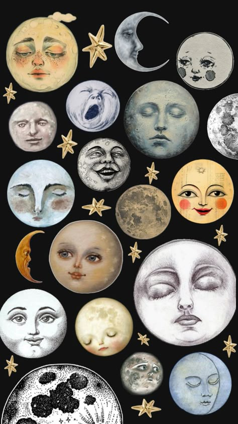 Moon Moon Posters For Room, Vintage Moon Wallpaper, Moon Collage Aesthetic, Sun And Moon Aesthetic Wallpaper, Moon Vintage Aesthetic, 90s Sun And Moon, Vintage Moon Illustration, Moon And Sun Aesthetic, Celestial Collage