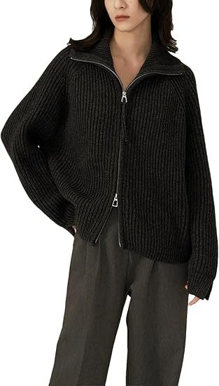 Double Zipper Cashmere Sweater Coat Women's Large Lapel Black Knit Sweater Cardigan at Amazon Women’s Clothing store Unique Clothing Stores, Knit Coat, Black Knit Sweater, England Fashion, Zippered Sweater, Collar Cardigan, Knitted Coat, Sweater Coat, Collar Pattern