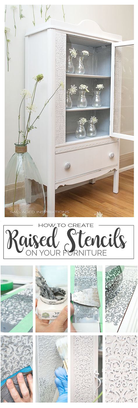 How To Create Raised Stencil Design - Salvaged Inspirations Raised Stencil, Hiasan Bilik Tidur, Stencil Furniture, Cabinet Makeover, Painting Furniture Diy, Furniture Renovation, Refurbished Furniture, Furniture Restoration, Furniture Makeover Diy