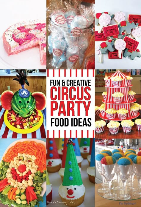 Clown Party Food Ideas, Five Ring Circus Birthday Party, Food Ideas For Carnival Party, Carnival Birthday Party Foods, Circus Birthday Food Ideas, Carnival Birthday Party Theme Food, Diy Circus Party Decorations, Circus Themed Birthday Party Food, Food For Carnival Themed Party