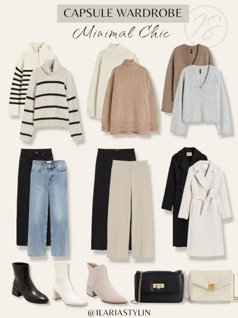 capsule wardrobe, wardrobe essentials, fall capsule wardrobe, autumn capsule wardrobe, fashion inspo, minimal capsule, minimal chic wardrobe, knitwear, striped, half zip, white, rollneck, beige, brown, gray, v-neck, sweater, blue, black, straight, vintage, jeans, wide leg, beige, black, pants, cream, black, long, coat, black boots, white, cream, beige, boots, black bag, cream bag, shoulder bag, crossbody bag, style inspo, women fashion Casual Outfits Capsule, Jeans Winter Outfit, Capsule Travel Wardrobe, Minimalist Wardrobe Capsule, Capsule Wardrobe Women, Capsule Wardrobe Casual, Fashion Capsule Wardrobe, Wardrobe Capsule, Winter Capsule Wardrobe