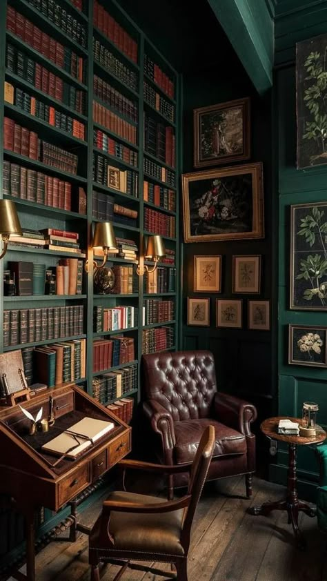 Edwardian Study Room, Academic Library Aesthetic, Old English Office Interior Design, Harry Potter Home Library, English Country Library, Office Bookcase Styling, 1800s Library, Home Library Inspiration, Green Library Aesthetic