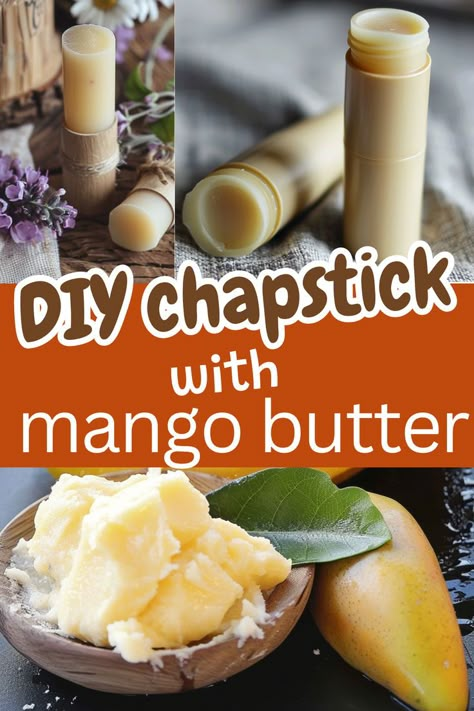 Woman's lips looking healthy and mango butter. Text reads: DIY chapstick with mango butter. Homemade Chapstick Essential Oils, Natural Chapstick Recipe, Lip Balm Recipes Shea Butter, Chapstick Recipe Homemade, Diy Chapstick Recipe, Home Made Chapstick, Lip Butter Recipe, Mango Butter Lip Balm, Chapstick Diy