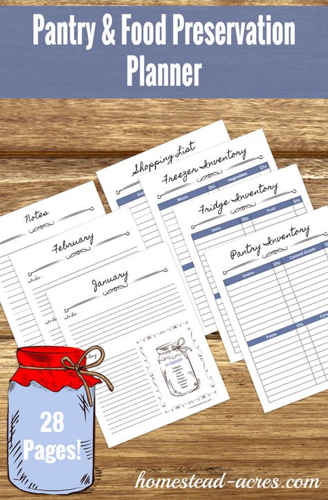 Keep track of your pantry inventory, canning and other food preserving easily with this Pantry & Food Preservation Planner. | www.homestead-acres.com Canning Planner, Canning Inventory, Freezer Inventory, Inventory Printable, Pantry Inventory, Pantry Food, Shopping List Planner, Planting Potatoes, Dandelion Jelly