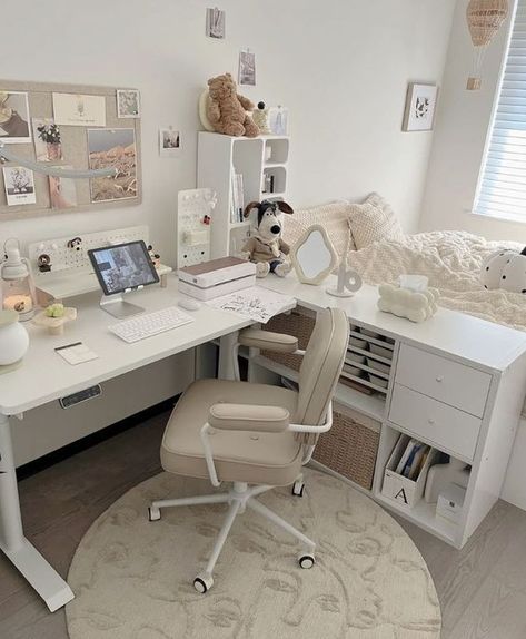 Compilation of Cute and Aesthetic desk makeover ideas. Get ideas to make your desk area the most aesthetic possible 😍✨ (Link in Image 🔗✨). * * * * Disclaimer: *** Images are not mine. Credit in descriptions if known. All the credit goes to the picture owner. Thanks ❤️❤️ *** Korean Room Aesthetic Desk, Desk Room Divider Ideas, Saranghoes Room, Bed Rooms Ideas With Vanity, Minimalistic K Pop Room Ideas, L Desk Setup Aesthetic, Korean Style Room Bedrooms, L Shaped Desk Aesthetic, Desk By Bed