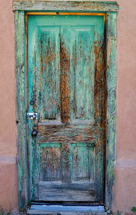 I saw this old weathered rustic turquoise door while visiting Santa Fe, New Mexico. I thought the old wooden door and its peeling paint had great character and probably many stories to tell. Mexico Doors, Plum Paint, Paint Door, Door Print, Turquoise Door, Old Wood Doors, Santa Fe Art, Old Wooden Doors, Door Images