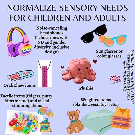 Yulika Forman, PhD, LMHC on Instagram: “Everyone has sensory needs. It is not a cause for worry or concern. . It is not something that needs to be decreased. . We should not…” Sensory Regulation, Asd Spectrum, Diy Sensory Toys, Diy Projects For Adults, Sensory Items, Physical Therapy Assistant, Sensory Rooms, Health Activities, Processing Disorder