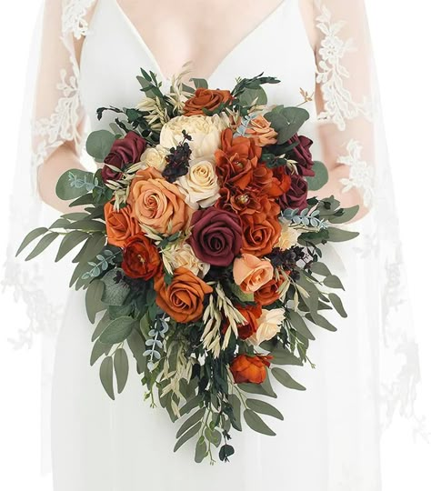 Amazon.com: Rinlong Fall Cascading Wedding Bouquets for Bride Burnt Orange Cascade Bridal Bouquet for Wedding Terracotta Artificial Silk Flowers Wedding Bouquet : Home & Kitchen Bridesmaids Country Wedding, White Rose Fall Bouquet, Country Rustic Wedding Flowers Bridal Bouquets, Forest Green Flower Bouquet, White Roses Fall Wedding, Fall Wedding Flower Arrangements Rustic, Dahlia Flower Wedding Bridal Bouquets, Olive Branch Bouquet Wedding, Boho Wedding Burnt Orange