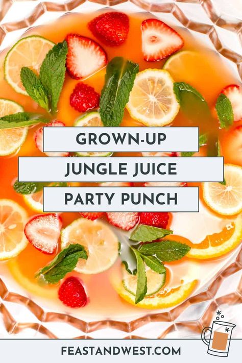 Tropical Jungle Juice is the ultimate party punch. It is an easy, customizable recipe that's perfect for crowds and just about any occasion. Safari Alcoholic Drinks, Jungle Juice Recipe Alcoholic Easy, Summer Jungle Juice Recipes, Jungle Juice With Tequila, How To Make Jungle Juice, Vodka Jungle Juice Recipes, Wedding Jungle Juice, Easy Jungle Juice Recipe, Jungle Punch