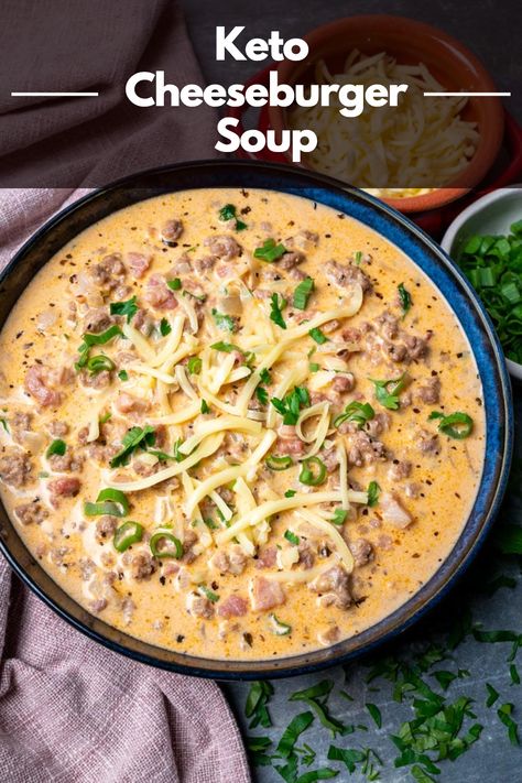 Warm up with this Comforting Keto Cheeseburger Soup. It's the perfect blend of cheesy goodness and hearty ingredients, all while keeping it keto-friendly. Thm Cheeseburger Soup, Cheese Burger Soup Keto, Simple Keto Crockpot Recipes, Filling Keto Dinners, Keto Cheeseburger Soup Recipes, Hamburger Soup Keto Low Carb, Healthy Cheeseburger Soup Crockpot, Keto Pepper Soup, Keto Simple Meals