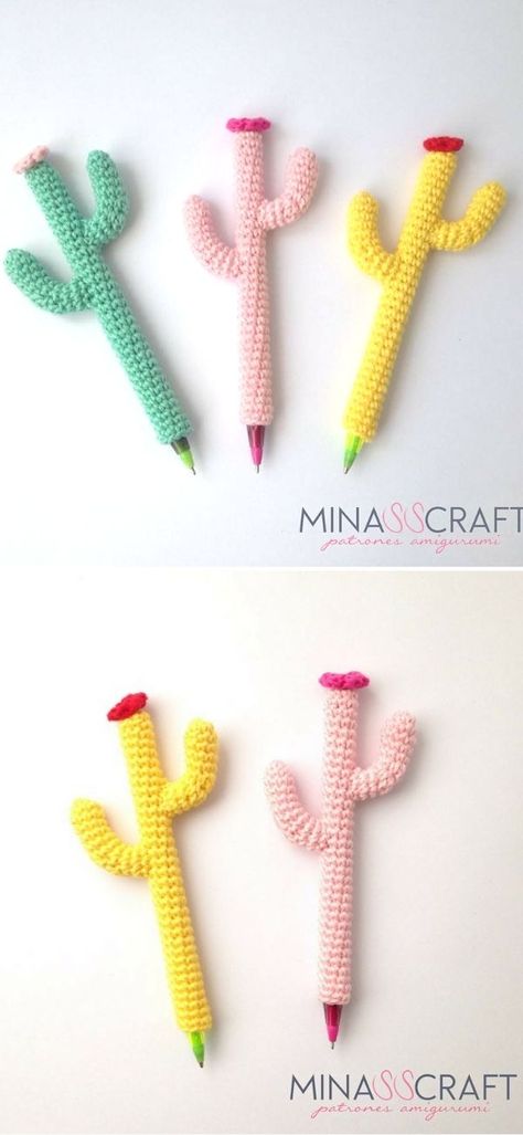 Back To School Crochet Patterns. A fun, colorful pen can be a great motivation for studying, right? So the more appealing it's gonna be, the better! These cactus pen holders are not only super easy to crochet, but also require very little yarn and work up surprisingly fast. Use a 2,5 mm hook for this project.  #freecrochetpattern #pencil #amigurumi Crochet Pencil Cover, Crochet Flower Pencil Toppers, Crochet Pen Cozy, Pencil Toppers Crochet, Crochet Pen Cover, Crochet Pen Toppers, Crochet Pencil Toppers Free Pattern, Pencil Crochet Pattern, Crochet Pencil Toppers