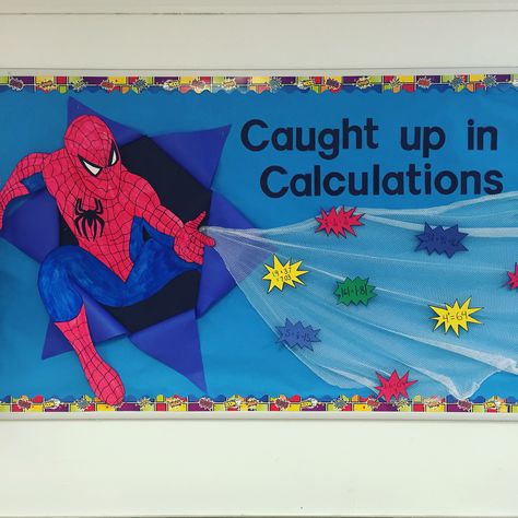 Spider-Man math bulletin board! Perfect for a superhero theme. Male Teacher Bulletin Boards, Spider Man Bulletin Board Ideas, Spiderman Bulletin Board, Super Hero Bulletin Board Ideas, Marvel Classroom Theme, Math Superhero, Marvel Classroom, Superhero Classroom Door, Superhero Bulletin Boards