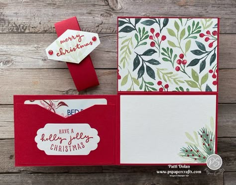 Stampinup Christmas Gift Card Holders, Su Christmas Money Holders, Diy Christmas Gift Cards, Wrapped In Christmas Stampin Up Cards, Card For Gift Cards, Gift Card Bag Diy, Stampin Up Cards Gift Card Holder, Envelope Gift Card Holder, Paper Craft Gift Card Holder