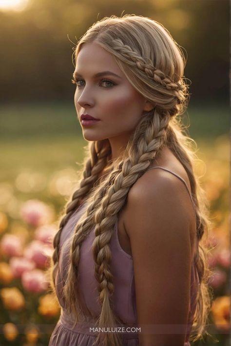 Long Blonde Braided Hair, Norse Hairstyles Women Short, Elaborate Braids Long Hair, Braid Fantasy Hair, Braiding Long Hair, Hairstyles For Long Hair With Braids, Hairdos With Braids, Roman Goddess Hairstyles, Islander Hairstyles