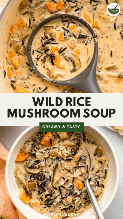 Creamy and cozy, this Wild Rice Mushroom Soup is just as thick, creamy, and flavorful as the traditional wild rice soup, but made entirely from healthy plant-based ingredients. Vegan, Gluten-free. Mushroom Soup Vegan, Wild Rice Mushroom Soup, Rice Mushroom Soup, Wild Rice Mushroom, Creamy Wild Rice, Vegan Mushroom Soup, Vegan Stuffed Mushrooms, Wild Mushroom Soup, Wild Rice Soup Recipes