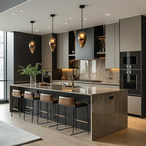 Modern Luxury Kitchen, Elegant Kitchen Design, Desain Pantry, Contemporary Kitchens, Modern Kitchen Island, Modern Kitchen Interiors, Kitchen Interior Design Modern, Kitchen Design Plans, Elegant Kitchens